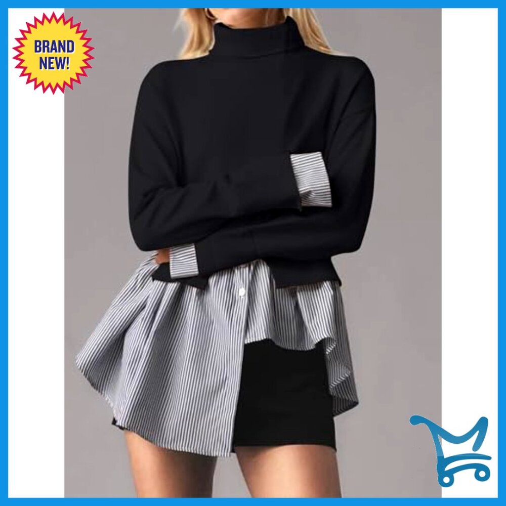 Slit Turtleneck Patchwork Sweater Asymmetrical He… - image 3